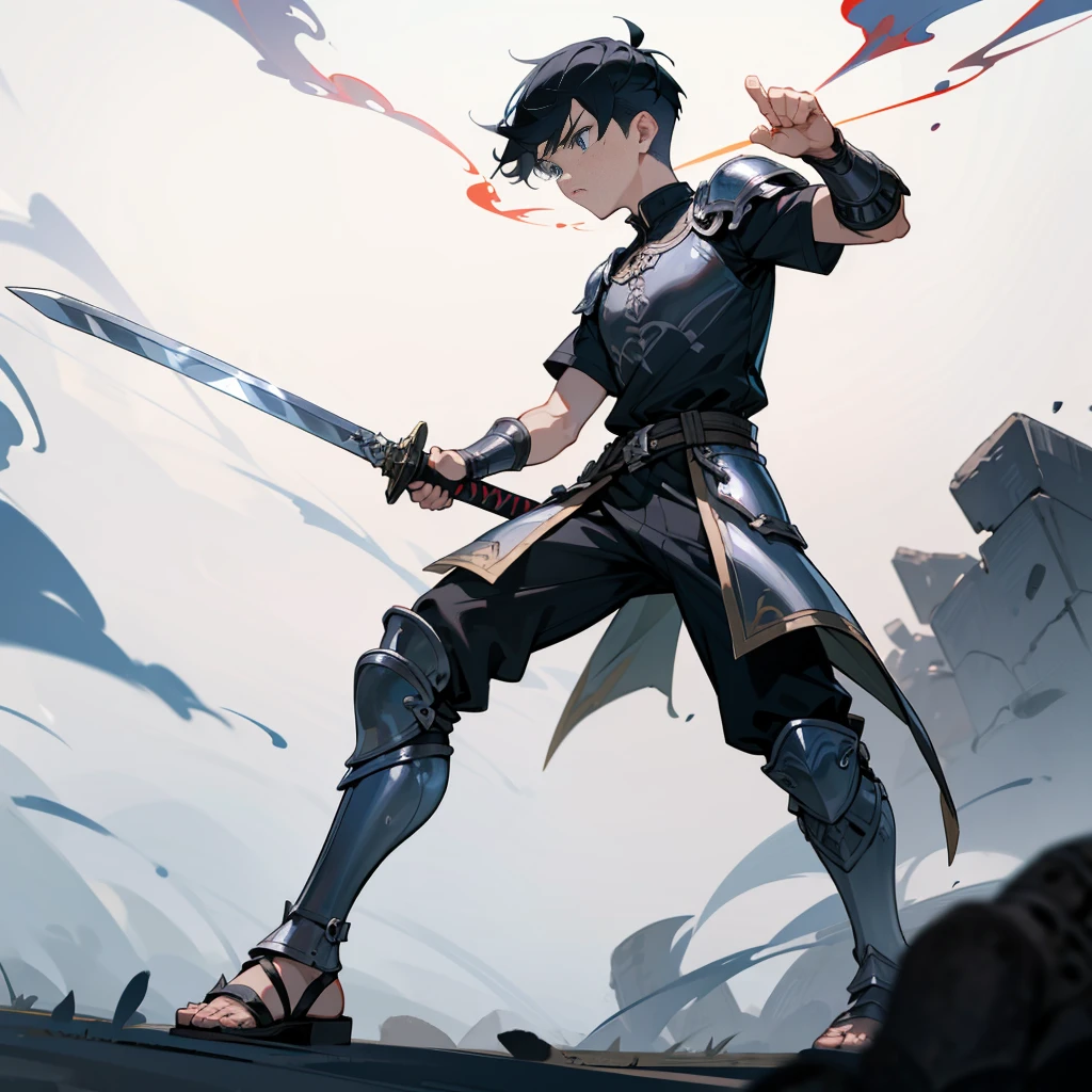 1boys, Full body version, blue eyes, undercut hair, black colour hair, very angry expression, gladiator clothing, short sleeve shirt, gladiator skirt, silver armor body, bodybelt, gladiator sandals, Spatha sword in hand, (war gesture), Grassroots background in war, smoke