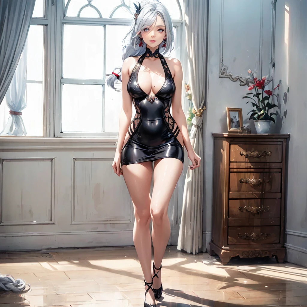 ((1girl, solo)), beautiful body, (perfect anatomy, perfect body, perfect hands, perfect legs), natural proportions, sexy body, large breasts, ((full body, full body front)) BREAK
((extremely detailed face)), (beautiful detailed eyes:1.6), (realistic pupils, realistic iris:1), expressive eyes, looking at viewer, (clear eyes:1.3), (hyperrealistic:1.2), (detailed skin texture:1.2), smooth skin, ((silver white hair)), long hair, ((very long hair)), braid, (braided ponytail:1.3), bangs, parted bangs, hime cut, ((hair over right eye)), eyes visible through hair, ((red tassel earrings)), ((hair tie)), hair ornament, ((mature female)), (((little smile))), (detailed lips:1.2), (attractive lips:1.1), (glossy lips:1), parted lips, perfect face, perfect eyes BREAK
(masterpiece:1.5), anime-style, top quality, best quality, (beautiful and aesthetic:1.2), (ultra detail:1.5), Ultra-detailed depiction, Ultra-precise depiction, extremely detailed 8k illustration, high resolution, (highly detailed shading:1.2), (realistic lighting:1.4), perfect lighting, vibrant colors, dynamic tones, striking hues, 8k, absurd resolution, perfect shadows, hdr, UHD, ambient lighting, realistic, ultra-realistic, photo realistic, highly detailed, rich detail, luminous colors, fine texture, intricate design, professional illustration, (soft light:1.2), (illustration:0.7)