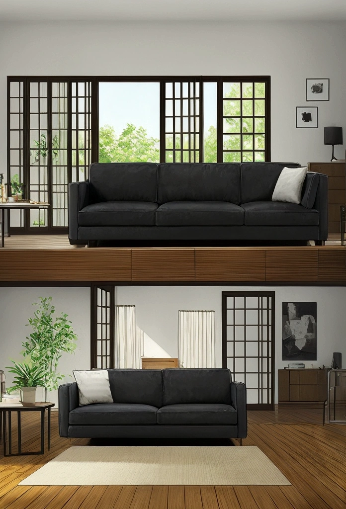 a photo of a modern black leather couch with brown and beige pillows in the corner of an empty living room, wooden floors, large abstract art on the wall above the sofa, a small dark gray rug with tan and white stripes in front of the coffee table, door to right side, no windows, taken from eye level, no perspective, phone camera quality, 8k, super detail, best quality