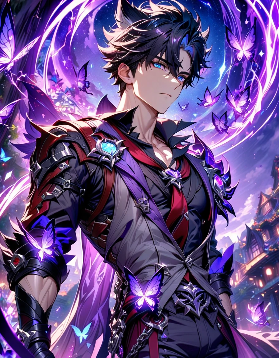 absurdres, highres, ultra detailed, HDR, master piece, best quality, Wriothesley, black hair, expressive gray blue eyes, Genshin Impact, solo, sexy man, handsome, gray vest, black shirt, red necktie, toned chest, fantasy, magical, sparkling, shining, purple lightning, floating round lights, starry sky, void, purple butterflies, purple moon