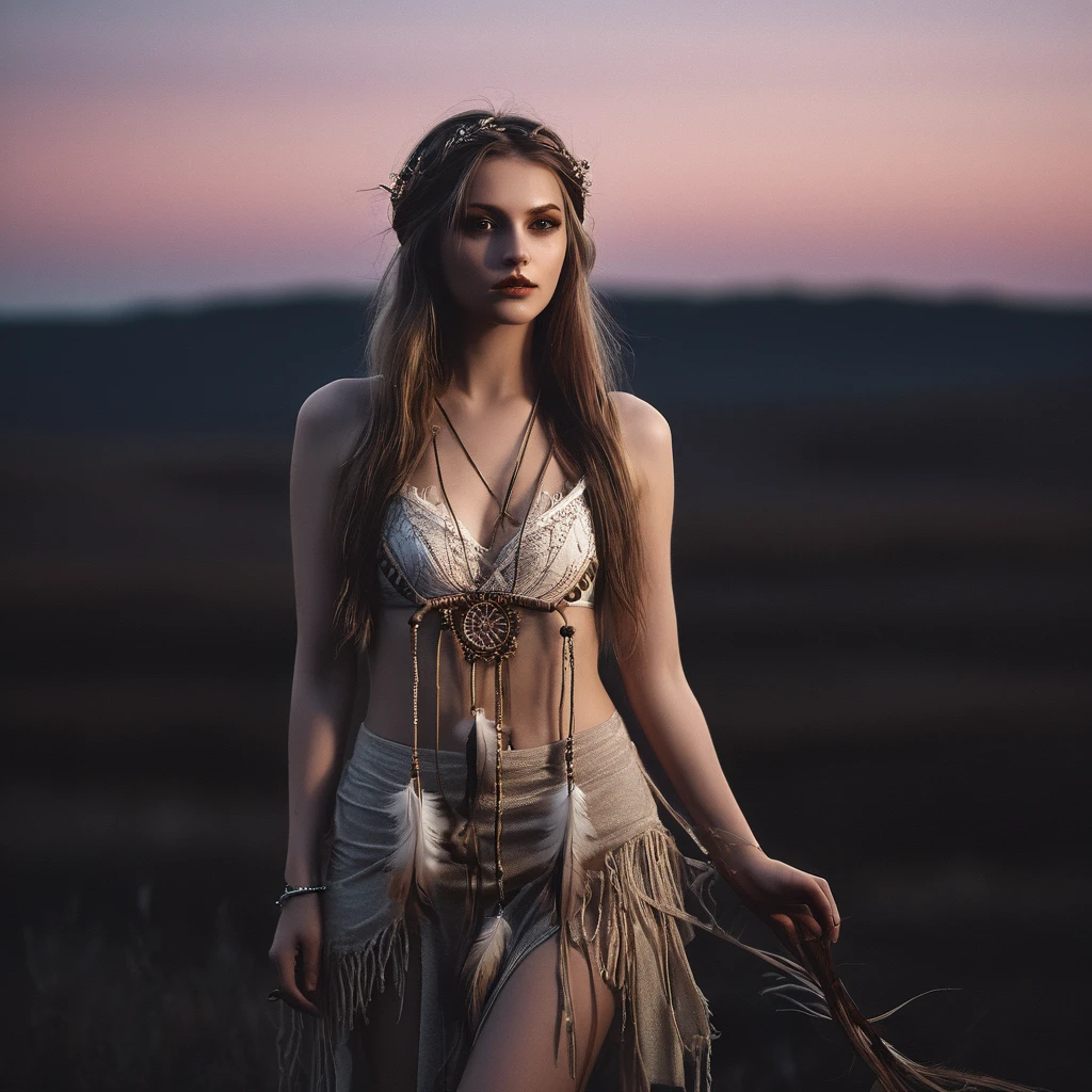 RAW photo, photorealistic, film grain, pale skin, evil slavic woman, long dark blond hair, eye catchlights, atmospheric lighting, imperfections, natural, epiCRealism, art by mooncryptowow .A mesmerizing mystic-style photo of a oneiromancer standing amidst the fading twilight, The enchanting figure holds a staff with a dream catcher dangling from it, weaving a spellbinding scene that captivates the viewer. The background features soft earthy tones, with a hint of dusk's fading light. The graphic novel style showcases flat outlines and bold ink lines, creating a captivating and dreamlike atmosphere., boudoir erotic... stylish. photoshoot. hyper-detailed hypermaximalist dynamic style. Erotic photography. Boudoir. Glamour style.... great lighting