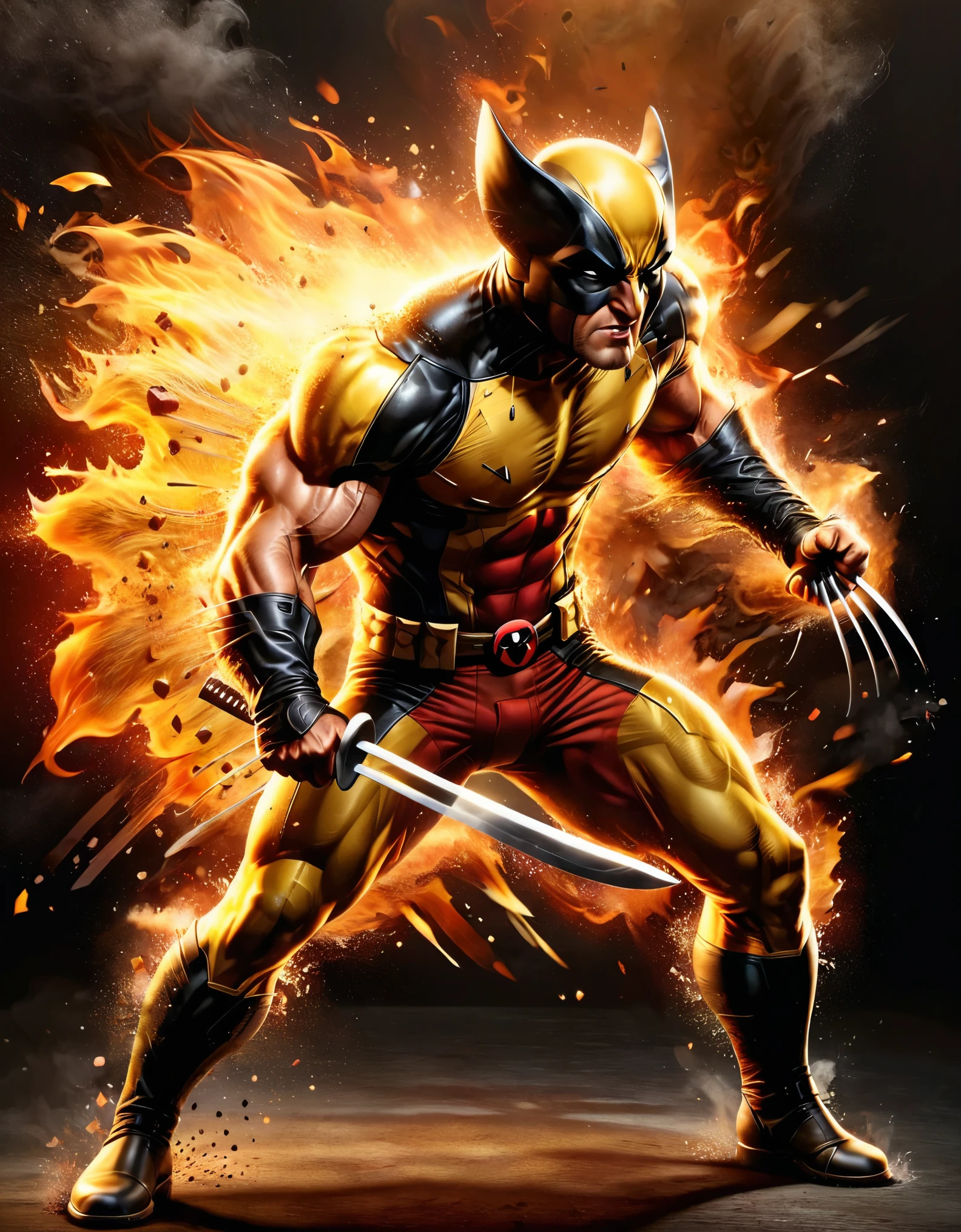 A dynamic comic book cover art featuring Wolverine and Deadpool in an intense scene. Wolverine, in his classic costume with black and yellow colors, stands in the foreground with his arms crossed and his claws extended. His muscular build and fierce expression are highlighted by the strong lighting. Behind him, Deadpool is dressed as a chef, complete with a white chef's hat, and is using tongs to handle pieces of meat. The background is ablaze with stylized flames and orange-yellow hues, adding a sense of chaos and energy to the scene. The overall composition is vibrant and action-packed, with bold lines and dynamic shading, capturing the essence of classic superhero comic book art.