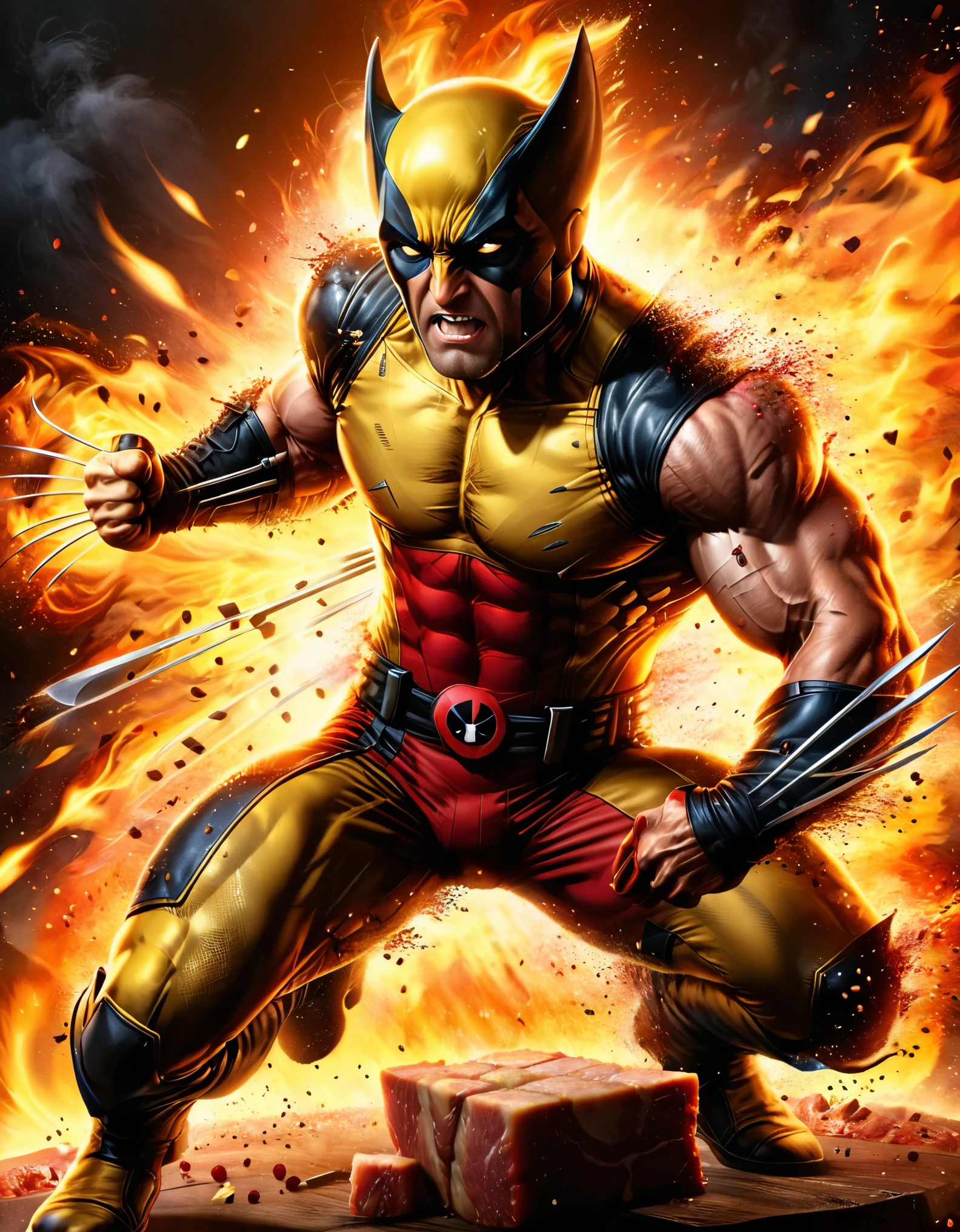 A dynamic comic book cover art featuring Wolverine and Deadpool in an intense scene. Wolverine, in his classic costume with black and yellow colors, stands in the foreground with his arms crossed and his claws extended. His muscular build and fierce expression are highlighted by the strong lighting. Behind him, Deadpool is dressed as a chef, complete with a white chef's hat, and is using tongs to handle pieces of meat. The background is ablaze with stylized flames and orange-yellow hues, adding a sense of chaos and energy to the scene. The overall composition is vibrant and action-packed, with bold lines and dynamic shading, capturing the essence of classic superhero comic book art.