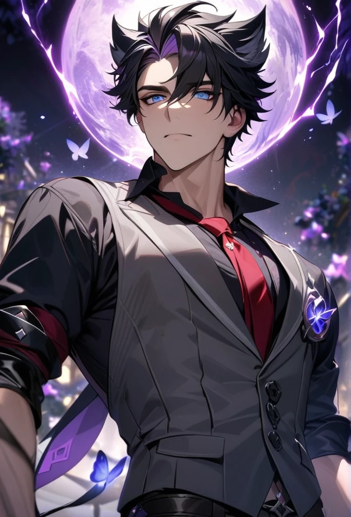 absurdres, highres, ultra detailed, HDR, master piece, best quality, Wriothesley, black hair, expressive gray blue eyes, Genshin Impact, solo, sexy man, handsome, gray vest, black shirt, red necktie, fantasy, magical, sparkling, shining, purple lightning, floating round lights, starry sky, void, purple butterflies, purple moon