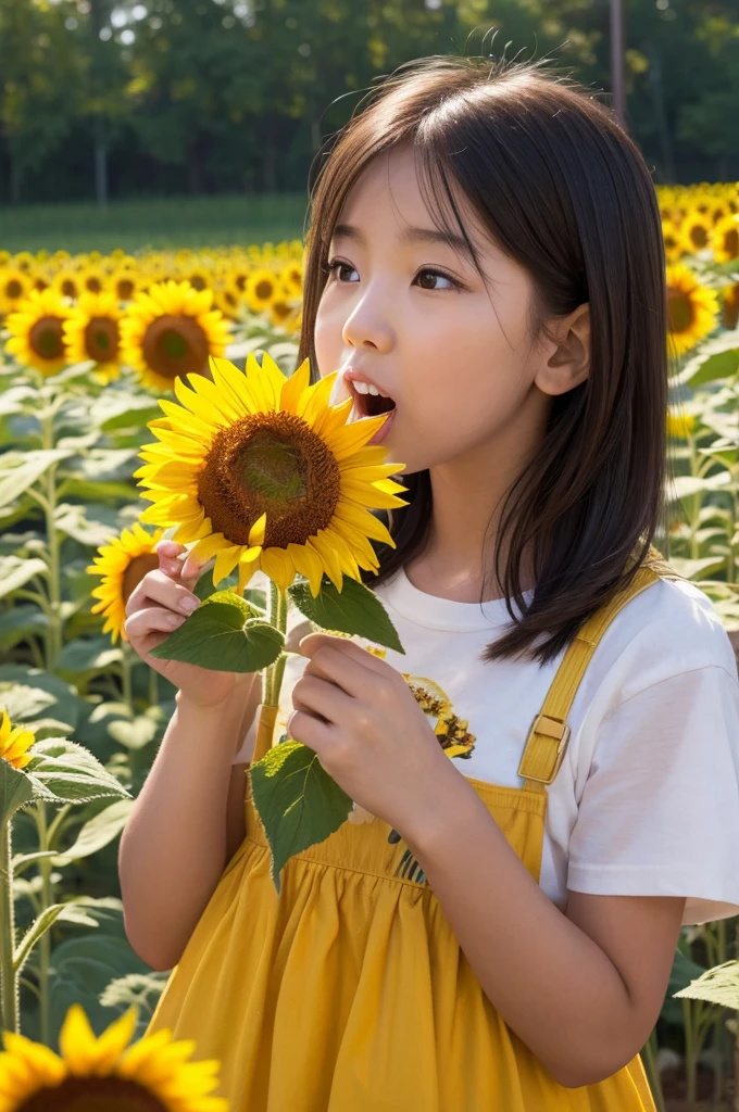Sunflower girl biting into sunflower seeds
