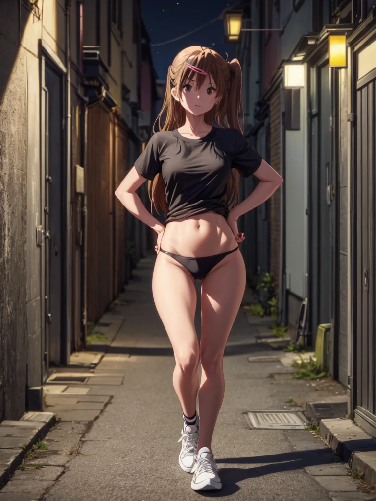 Girl, slim tight t-shirt, black thong, navel shown, street background, openlegs, in Sneakers, night, Narrow alley between houses 