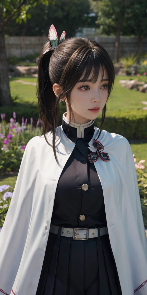 Ultra-realistic 8K CG,masterpiece,((Highly detailed background, Delicate pattern, Intricate details)),最high quality,very detailed 顔,Highly detailed eyesと顔,非常に細かい目Ultra-realistic 8K CG, masterpiece, close, beauty, from the front, 顔 sticking out, (Highly detailed background, Delicate pattern, Intricate details)), high quality, highly detailed 顔, Highly detailed eyes and 顔, Highly detailed eyes, One Girl, Kanao Tsuyuri, (((Buns pats))),(((Side Ponytail))),(( Demon Slayer uniform:1.4)), Butterfly Hair Ornament,,( white belt), (Cape, white Cape),, (Black jacket), (Pleated skirt), belt, (Black Skirt), knees, buckle, sheath sword, belt buckle, (Black Shirt:1.0), sunlight, Tyndall effect, sword on waist,(garden:1.2),West Saver,Attractive posture, Great tit, close,Broad perspective,(Straight bangs:1.4), (Blunt bangs:1.4),