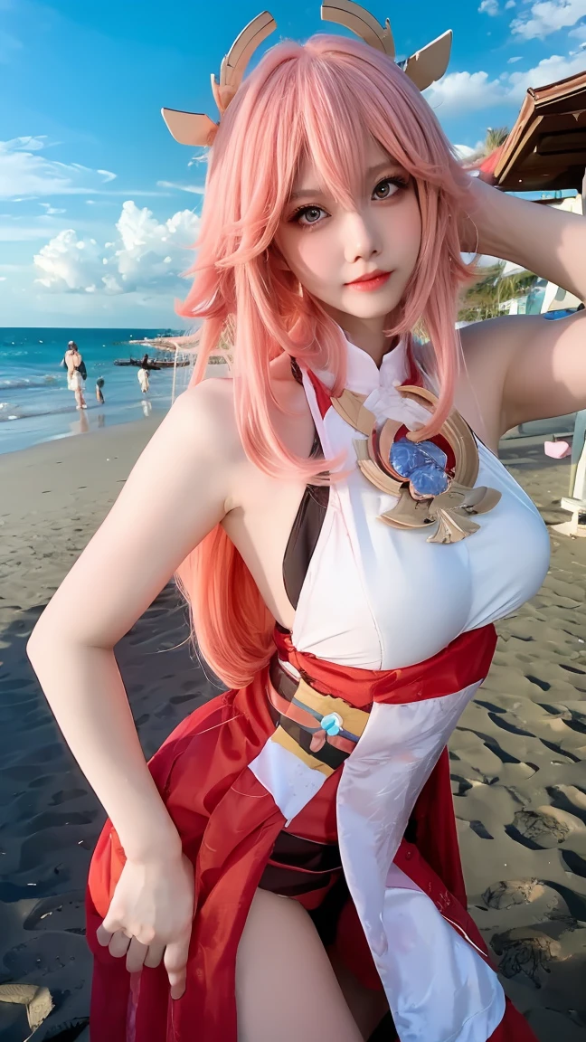 Ya Miko,pink hair, cosplayer,Poses are sexy and seductive., beach background Giant breasts and showing off pussy