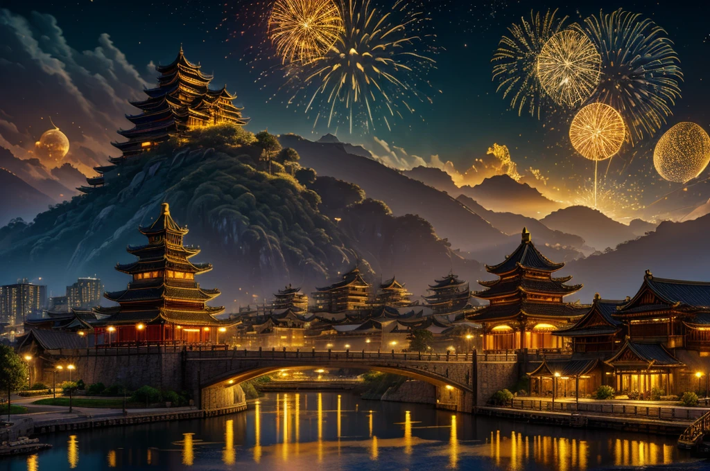 golden city, night, downtown, chinese big castle, HDR, 4k resolution, golden moon, golden cloud, firework, big river, mystical artwork, traditional artistry