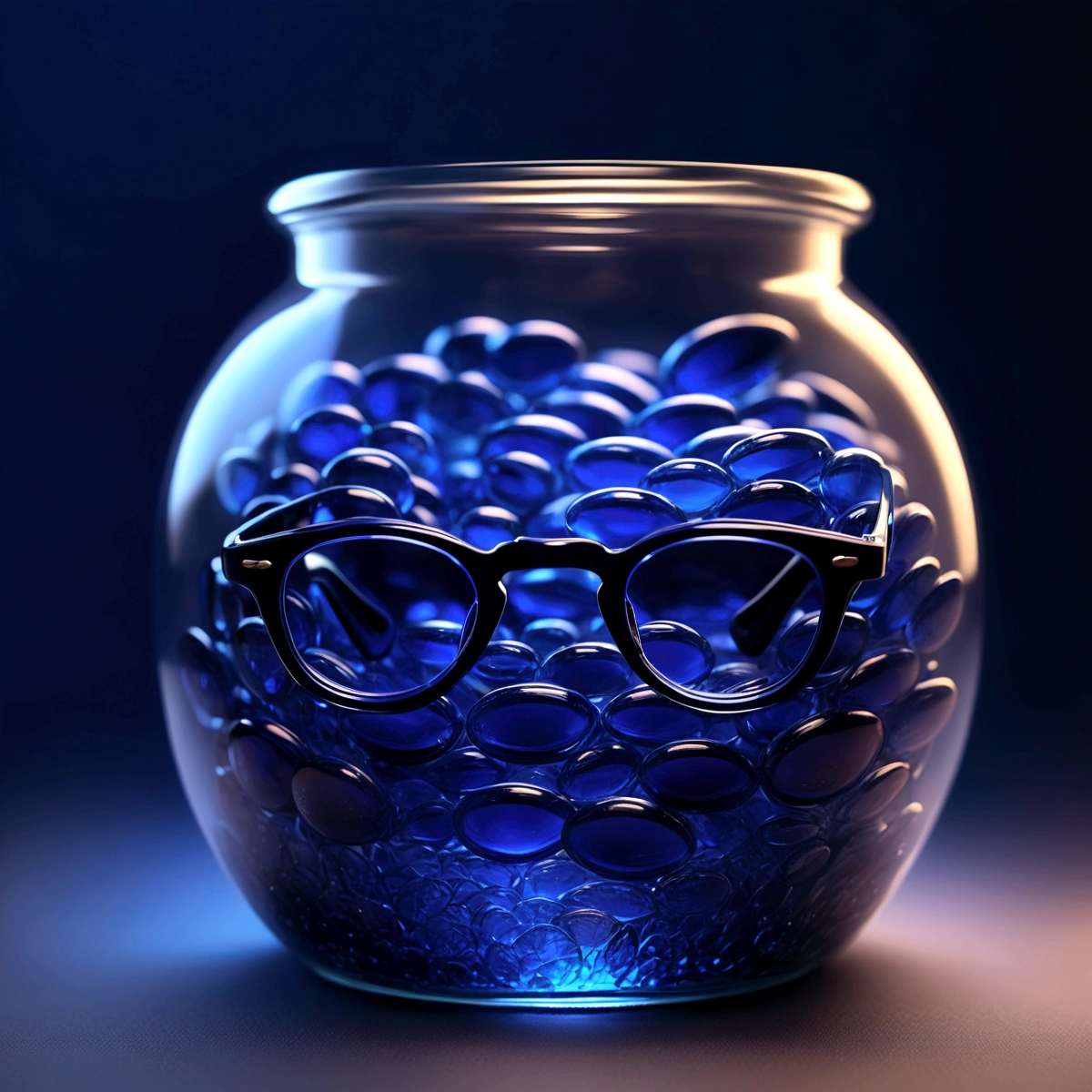 dark blue oval glasses in a transparent jar