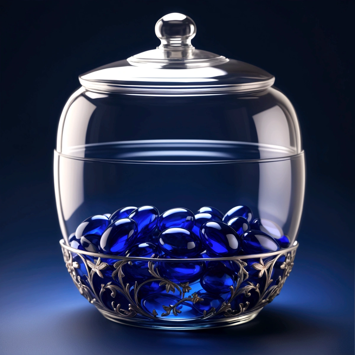 dark blue oval glasses in a transparent jar 