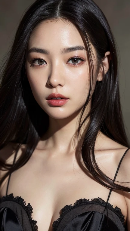 ((Surreal、Super detailed image, maybe a photo.,Captures the details of the skin texture of an incredibly beautiful woman.))Wearing a Lucid Dream dress,long black hair。Close portrait