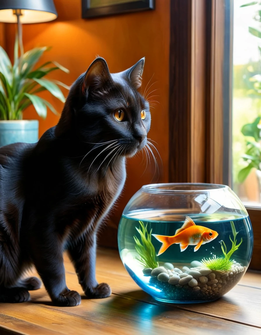 A realistic and detailed image of a sleek black cat with striking amber eyes, intently observing a small, round glass fishbowl containing two vibrant orange goldfish. The cat's fur is smooth and shiny, capturing the light in a lifelike manner. The scene is set indoors, with a soft, natural light source coming from the right, casting gentle shadows. In the background, there is a blurred view of a rustic interior with a small potted plant to the right, adding a touch of green to the composition. The wooden surface on which the cat and the fishbowl rest adds a warm, earthy tone to the image. The overall atmosphere is calm and contemplative, highlighting the curiosity and interaction between the cat and the fish.