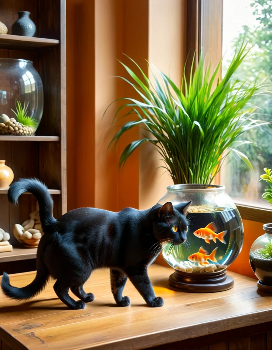 A realistic and detailed image of a sleek black cat with striking amber eyes, intently observing a small, round glass fishbowl containing two vibrant orange goldfish. The cat's fur is smooth and shiny, capturing the light in a lifelike manner. The scene is set indoors, with a soft, natural light source coming from the right, casting gentle shadows. In the background, there is a blurred view of a rustic interior with a small potted plant to the right, adding a touch of green to the composition. The wooden surface on which the cat and the fishbowl rest adds a warm, earthy tone to the image. The overall atmosphere is calm and contemplative, highlighting the curiosity and interaction between the cat and the fish.