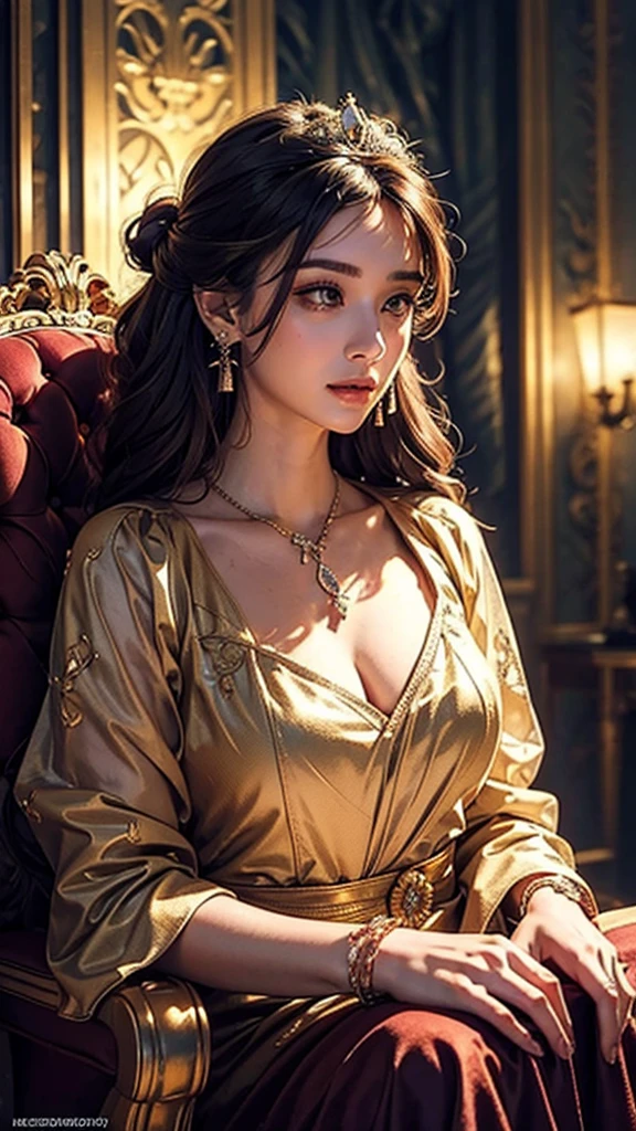 (realisticity: 1.2), best quality, 8K UHD, masterpiece, highres,cg,
1 super detailed girl, super detailed queen

, sitting on a super detailed royal throne, lud, xurious royal palace background, beautiful and detailed, super detailed long hair, wearing a beautiful and luxurious crown with diamonds and super detailed,

super detailed dress, Super detailed dress sleeves, super detailed beautiful earrings, Beautiful and beautiful necklace full of super detailed diamonds,  
 solo, jewelry, super detailed red and yellow dress, pretty face, beautiful, and super detailed, 

, earrings, super detailed hairdo, splashing, the upper body is very super detailed, super detailed hair bun, super detailed black hair,
lighting,candid,Photograph,high resolution,4k,8k,Bokeh,