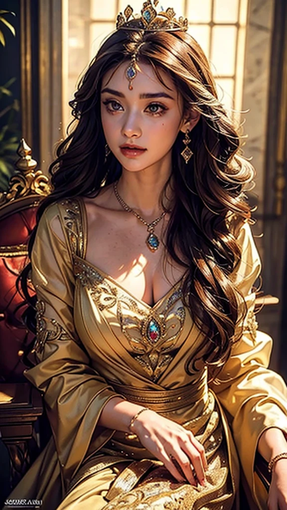 (realisticity: 1.2), best quality, 8K UHD, masterpiece, highres,cg,
1 super detailed girl, super detailed queen

, sitting on a super detailed royal throne, lud, xurious royal palace background, beautiful and detailed, super detailed long hair, wearing a beautiful and luxurious crown with diamonds and super detailed,

super detailed dress, Super detailed dress sleeves, super detailed beautiful earrings, Beautiful and beautiful necklace full of super detailed diamonds,  
 solo, jewelry, super detailed red and yellow dress, pretty face, beautiful, and super detailed, 

, earrings, super detailed hairdo, splashing, the upper body is very super detailed, super detailed hair bun, super detailed black hair,
lighting,candid,Photograph,high resolution,4k,8k,Bokeh,