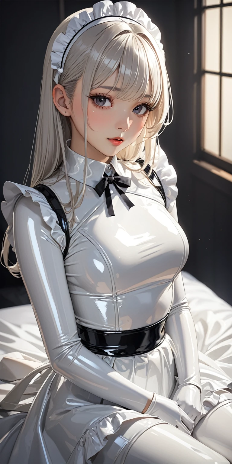 Portraiture、(masterpiece,Highest quality,Ultra-high resolution),Japanese women, (((Very beautiful 25 year old girl))),(White latex maid outfit)、(White latex long skirt)、(A long-sleeved latex shirt that covers the upper body)、White latex gloves、White latex socks、White latex bodysuit、Frills、The clothes fit snugly to the body、Latex is very shiny、Dark Room、