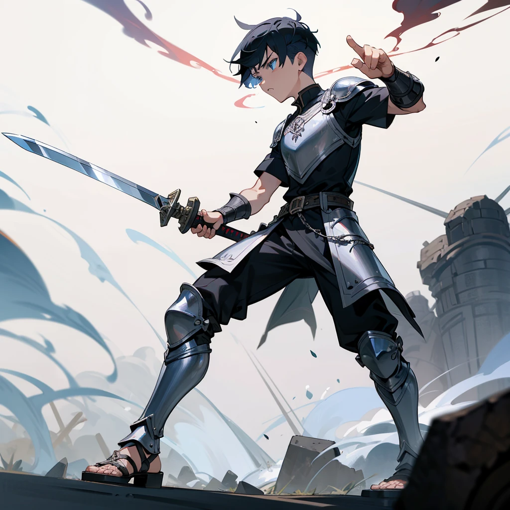 1boys, Full body version, blue eyes, undercut hair, black colour hair, very angry expression, gladiator clothing, short sleeve shirt, gladiator skirt, silver armor body, bodybelt, gladiator sandals, Spatha sword in hand, (war gesture), Grassroots background in war, smoke 