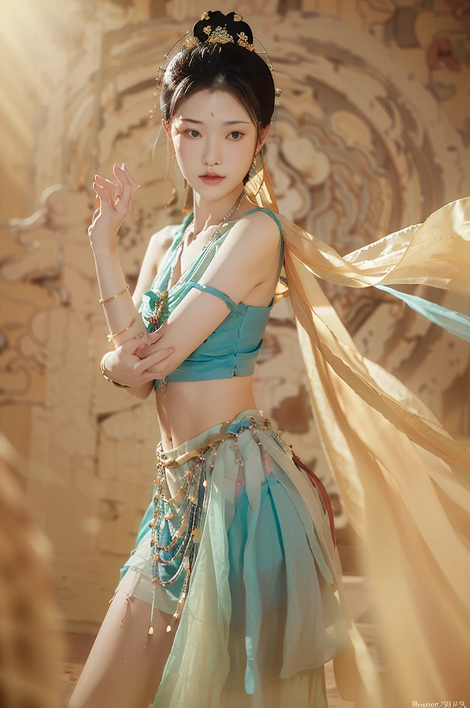 (8K, RAW Photos, Highest quality, masterpiece:1.2), (Realistic, photo-Realistic:1.4), (非常に詳細な CG ユニティ 8K 壁紙), One Girl Solo, dance, Dunhuang_dress, Dunhuang_style, Dunhuang_background,