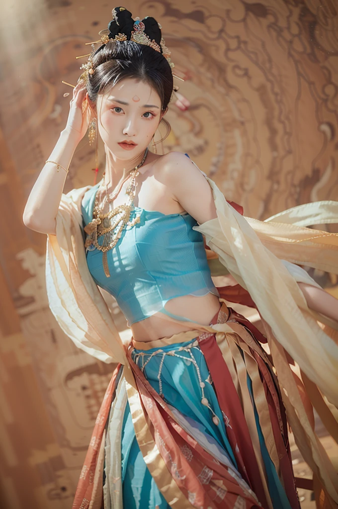 (8K, RAW Photos, Highest quality, masterpiece:1.2), (Realistic, photo-Realistic:1.4), (非常に詳細な CG ユニティ 8K 壁紙), One Girl Solo, dance, Dunhuang_dress, Dunhuang_style, Dunhuang_background,