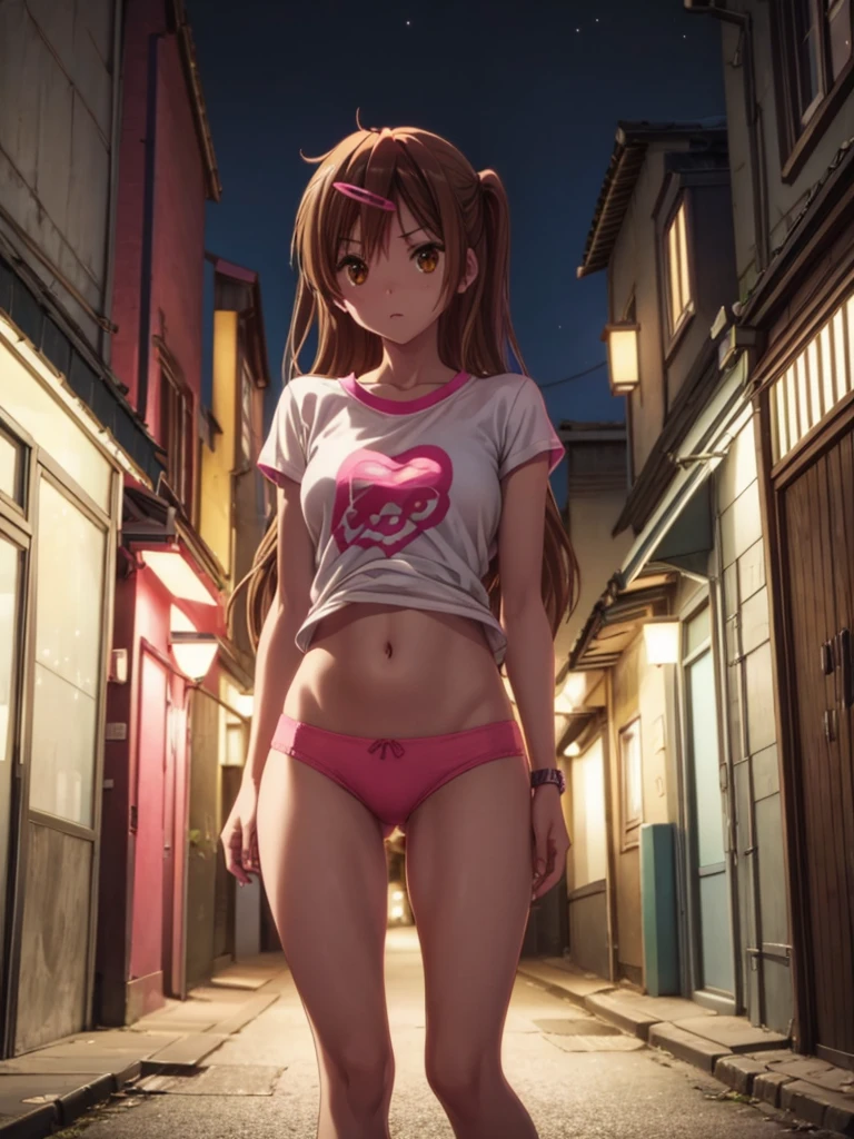 Girl, slim tight t-shirt, pink thong, navel shown, street background, openlegs, in Sneakers, night, Narrow alley between houses 