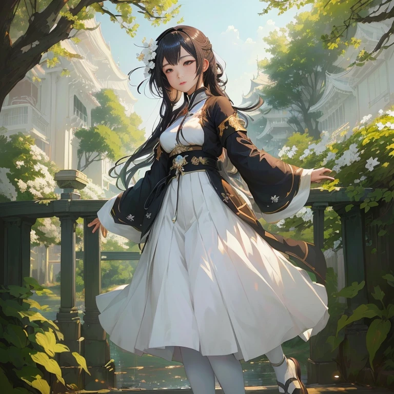 anime girl in white dress standing on a bridge in front of a building, guweiz, artwork in the style of guweiz, palace ， a girl in hanfu, cute anime waifu in a nice dress, guweiz on pixiv artstation, guweiz on artstation pixiv, cushart krenz key art feminine