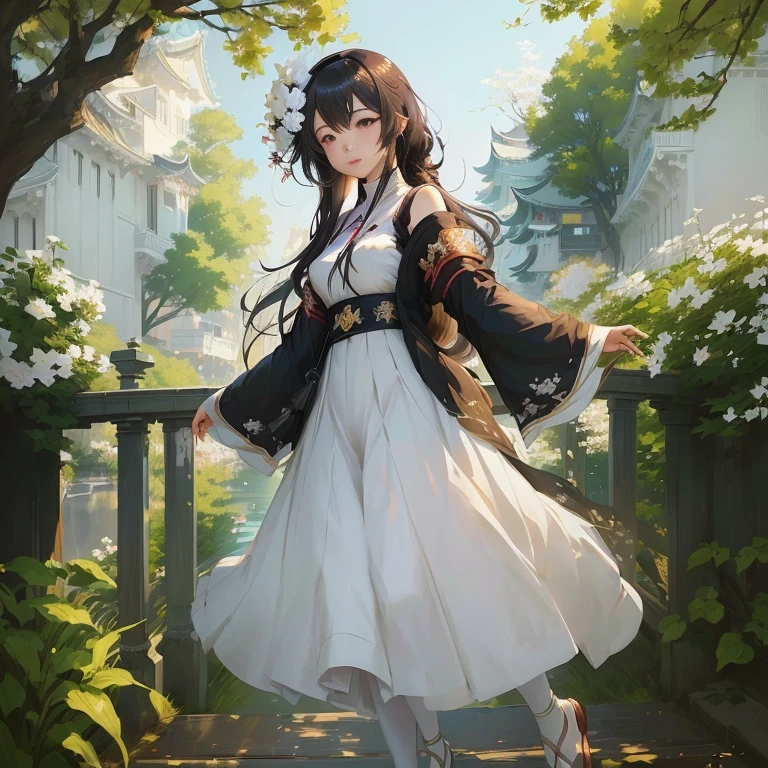 anime girl in white dress standing on a bridge in front of a building, guweiz, artwork in the style of guweiz, palace ， a girl in hanfu, cute anime waifu in a nice dress, guweiz on pixiv artstation, guweiz on artstation pixiv, cushart krenz key art feminine