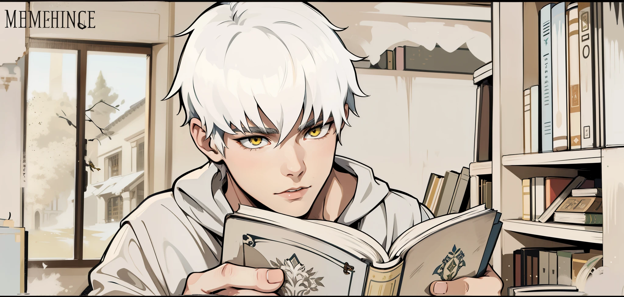 young 19-year-old male with white hair and yellow eyes, he has a black tunic, he is reading an old book, behind him you can see an old library