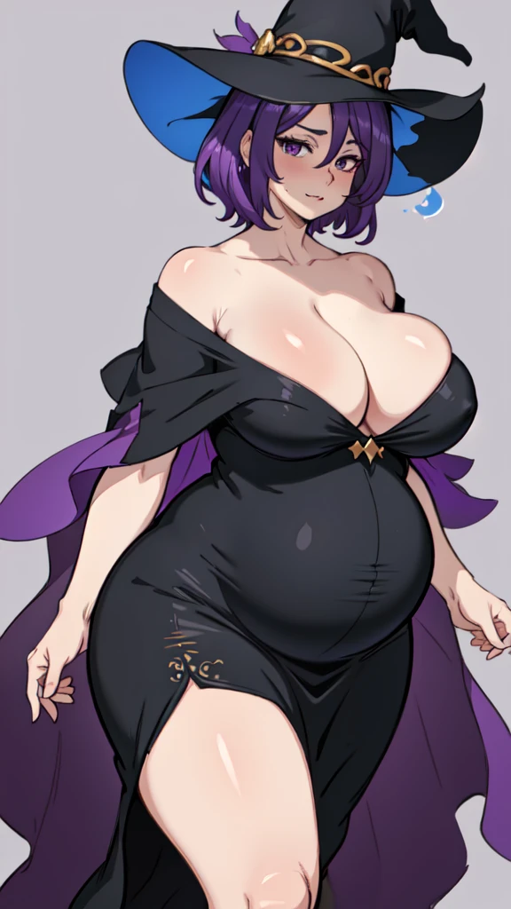 pregnant woman, older, in their 30s, with short purple hair and a tall, curvy body, vista sideways, sideways, breasts big, (work of art, best qualityer:1.2) wearing the legendary great black dress of the mystical sorceress, Big witch hat, breasts big gestante, clothes covering the whole body, detailed mysterious look 