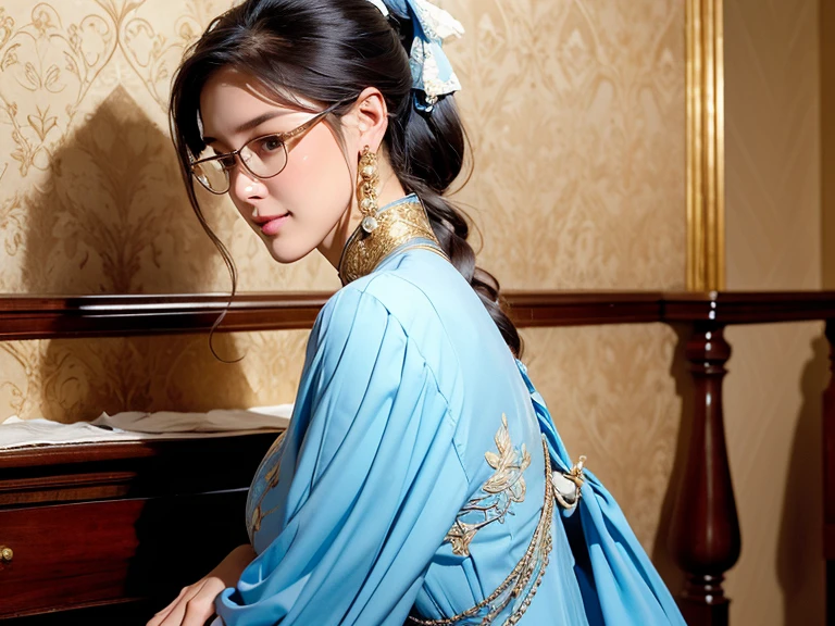 (8k, best quality, masterpiece, looks all detailed), highly detailed, detailed face, masterpiece, realistic lighting, masterpiece, best quality, masterpiece, official artwork, highly detailed 8k unity CG wallpaper, Indonesian teenage girl of Javanese descent, long black hair tied with white long ponytail patterned ribbon, graceful and beautiful, full of charm, smiling sweetly and happily, wearing glasses, wearing an empire waist shift dress long skirt with light blue pleats with gold embroidery, big breasts, wearing white high heel shoes, slender and tall body, stylish facing forward, room background.