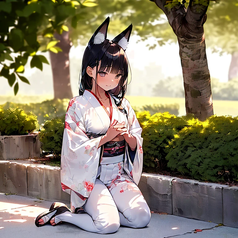 (Fox Girl, Fox Ears, Black colored hair, Fox Makeup, One Girl, Long Hair:1.6), (kimono, Kimono with open chest, A beautiful kimono with red and black patterns, I can see her cleavage, Open chest, Exposed skin:1.8), (Body measurements are 75-60-75!, Young girl body, Small breasts, Small breasts, Emphasize the chest, Knees are slightly visible, Muscular, Abdominal muscles, Hide your own chest with your hands:1.9), Avatar, face, lewd face, Dominant representation, naughty face, Uplifting, Skin Texture, outside, Grassy field