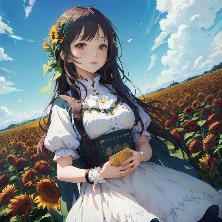anime girl in a field of flowers holding a book, beautiful sunflower anime girl, official art, official artwork, anime visual of a cute girl, in field high resolution, marin kitagawa fanart, in a field of flowers, standing in a flower field, girl in a flower field, anime moe artstyle, guweiz on pixiv artstation, guweiz