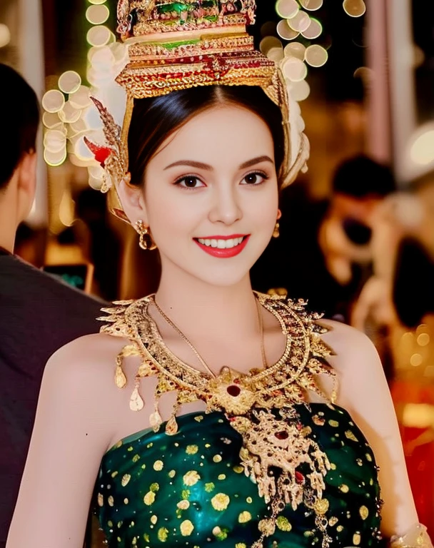 Aarav woman in a golden dress stands in front of a building., Sukhothai dress, Dilraba Dilmurat, traditional beauty, Wear elegant clothes, traditional this tradition, Wear luxurious clothes, this tradition, Traditional clothing, Thai girl anime, traditional outfit, According to Thawan Duchanee&#39;s style, Wear a luxurious silk dress, Thai art, Traditional clothing สาวเอเชียที่สวยงาม,stereoscopic 8k,45 high quality colored lights,000,000,000 pixels, photo, post-trade photo, animation, Beautiful, realistic portraits.