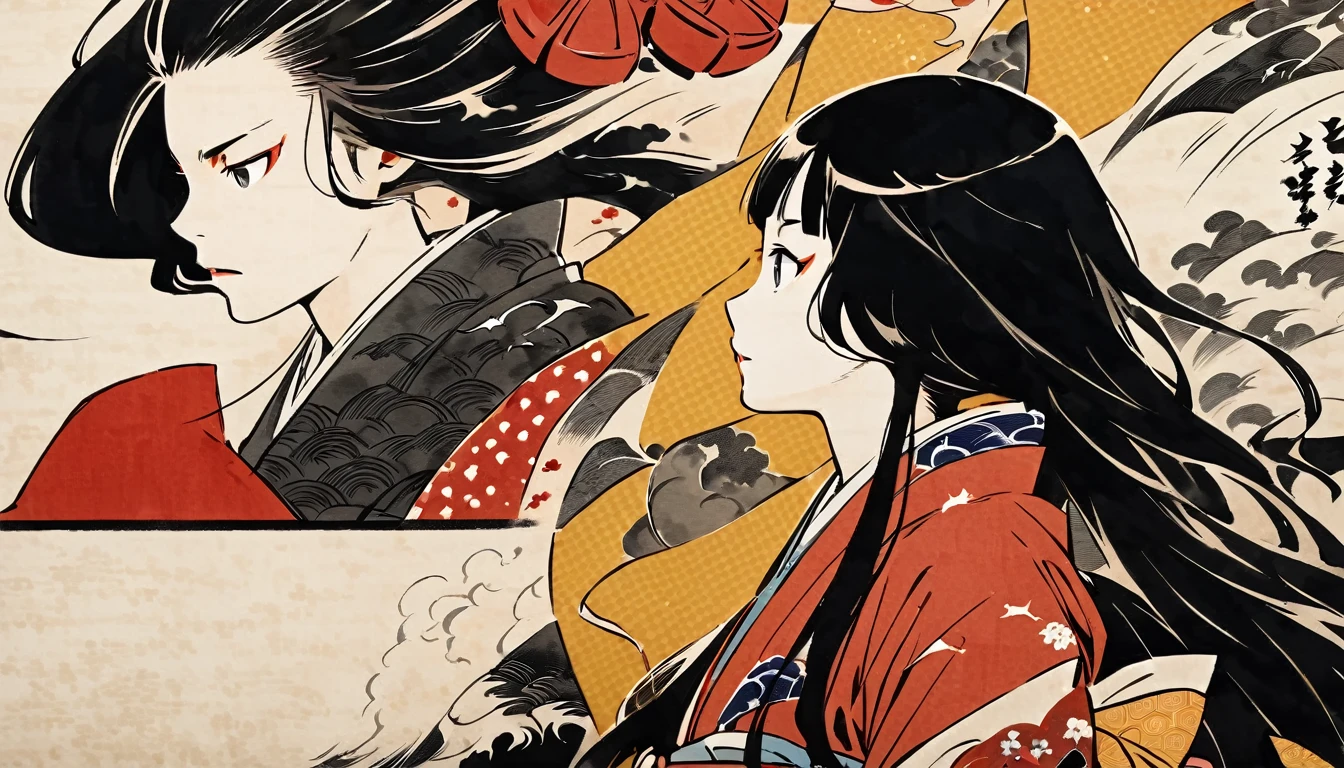 Highest quality, Katsushika Hokusai, Ink Painting,(((looking away))),(((from side))),20-year-old, (((Long Hair))), (((fancy red kimono)))Japan, Edo Period, (((Black Hair))), Modern anime, Delicate and precise, Modern ukiyo-e style