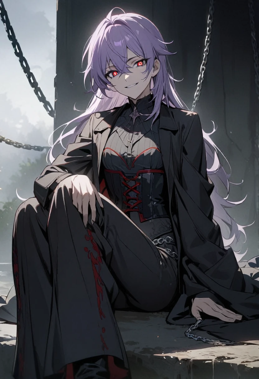 One boy, beautiful boy, masterpiece, best quality, smiling, fair skin, light purple hair, red pupils, corset, black robe, pants, sitting, chains, in the mist, anime
