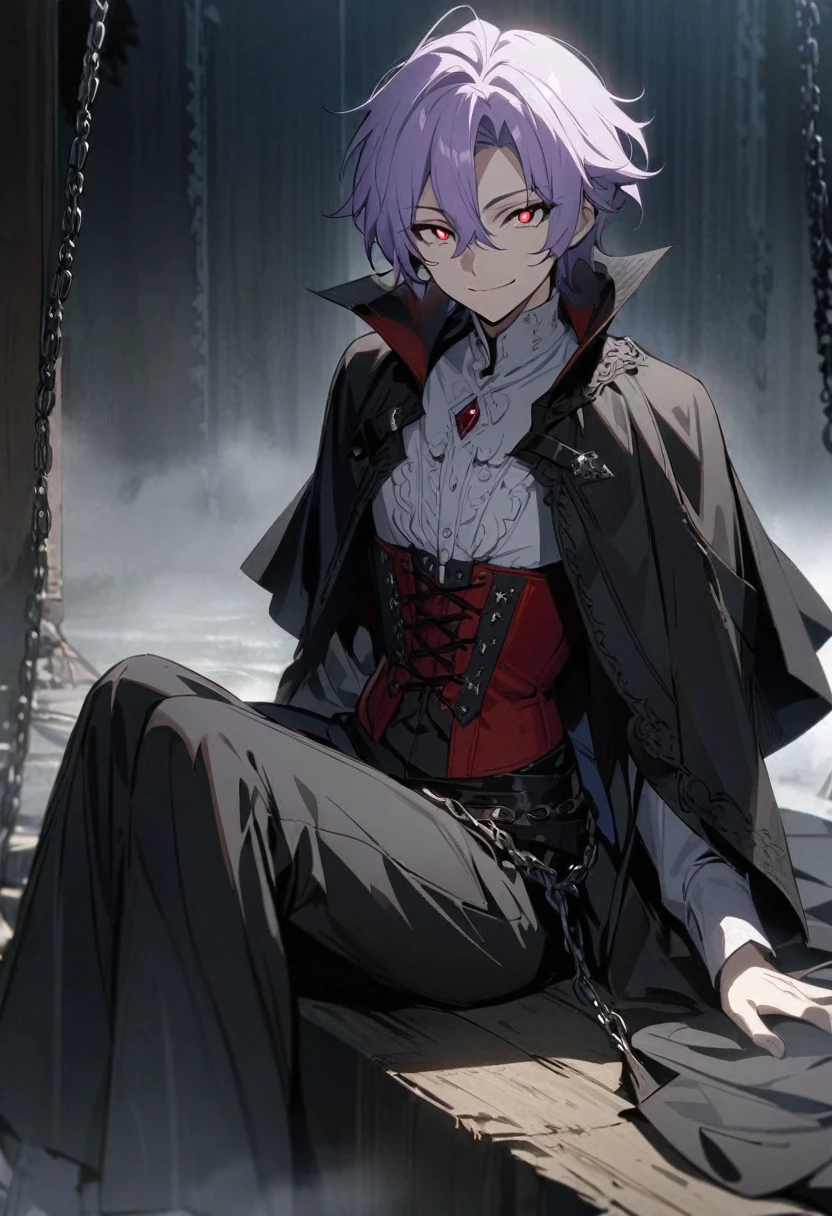 One boy, beautiful boy, masterpiece, best quality, smiling, fair skin, light purple hair, red pupils, corset, black robe, pants, sitting, chains, in the mist, anime