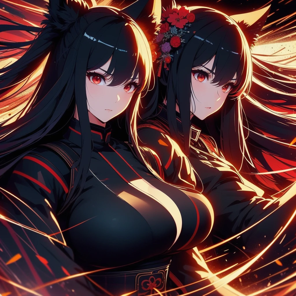 A beautiful mature woman with long black Kitsune ears, red eyes, highly detailed face and eyes, big breasts, several black Kitsune tails, wearing red and black Shogun armor with a wide waist, 8k, photorealistic, high quality, masterpiece, ultra-detaile, vivid colors, cinematic lighting