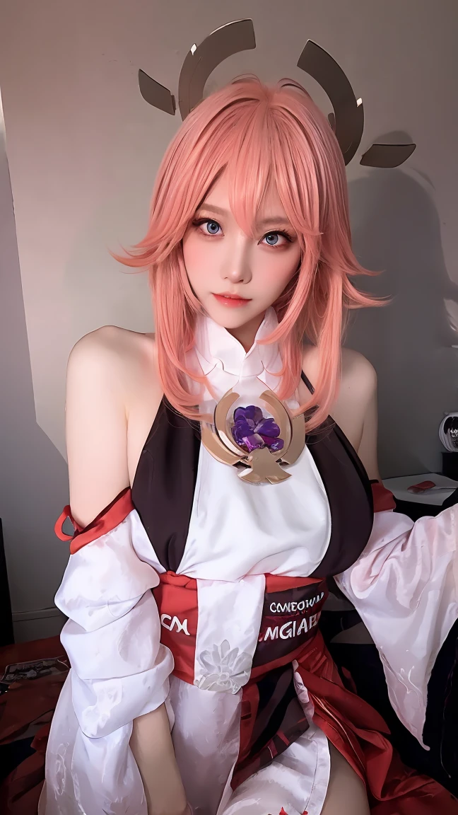 Ya Miko,pink hair, cosplayer,Poses are sexy and seductive., bedroom background ,gigantic bust Make her show her pussy