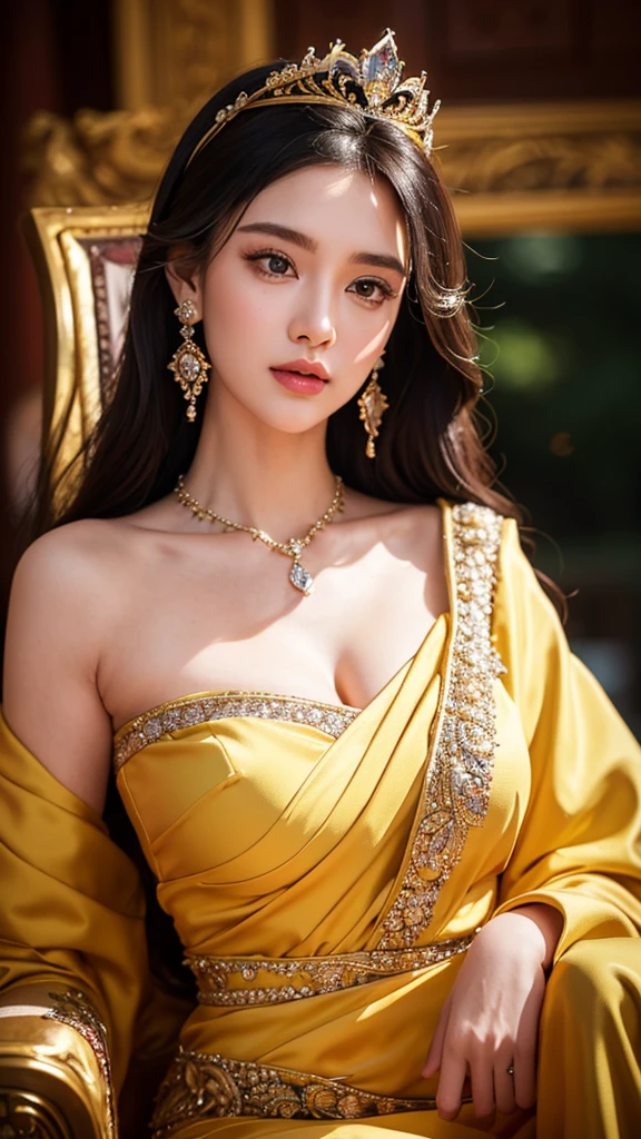 (realisticity: 1.2), best quality, 8K UHD, masterpiece, highres,cg,
1 super detailed girl, super detailed queen

, sitting on a super detailed royal throne, lud, xurious royal palace background, beautiful and detailed, super detailed long hair, wearing a beautiful and luxurious crown with diamonds and super detailed,

super detailed dress, Super detailed dress sleeves, super detailed beautiful earrings, Beautiful and beautiful necklace full of super detailed diamonds,  
 solo, jewelry, super detailed red and yellow dress, pretty face, beautiful, and super detailed, 

, earrings, super detailed hairdo, splashing, the upper body is very super detailed, super detailed hair bun, super detailed black hair,
lighting,candid,Photograph,high resolution,4k,8k,Bokeh,