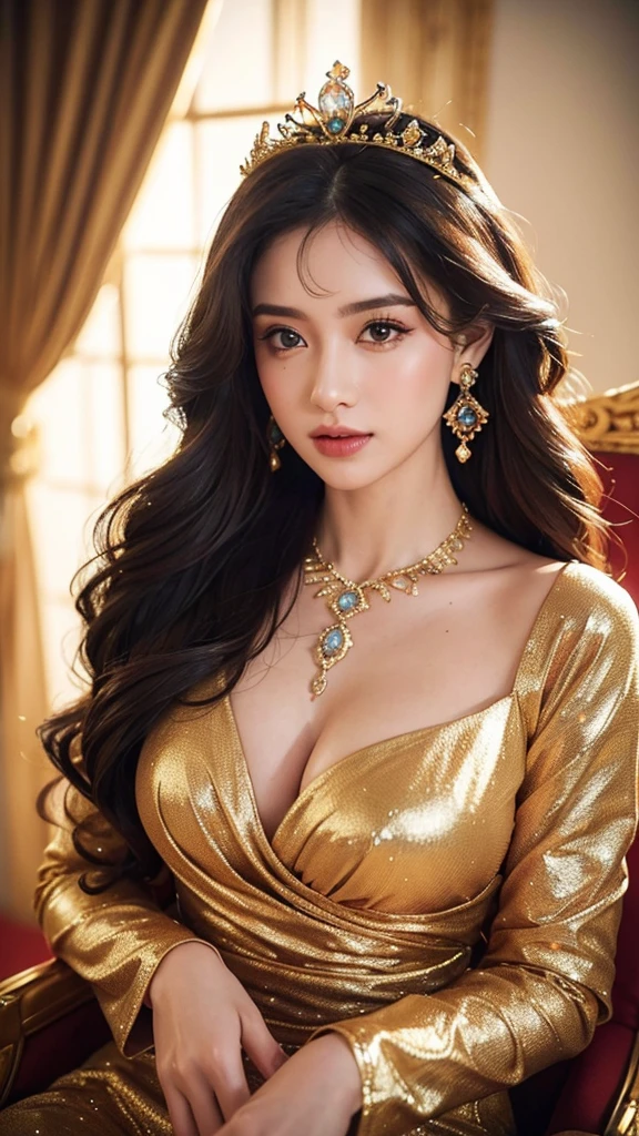 (realisticity: 1.2), best quality, 8K UHD, masterpiece, highres,cg,
1 super detailed girl, super detailed queen

, sitting on a super detailed royal throne, lud, xurious royal palace background, beautiful and detailed, super detailed long hair, wearing a beautiful and luxurious crown with diamonds and super detailed,

super detailed dress, Super detailed dress sleeves, super detailed beautiful earrings, Beautiful and beautiful necklace full of super detailed diamonds,  
 solo, jewelry, super detailed red and yellow dress, pretty face, beautiful, and super detailed, 

, earrings, super detailed hairdo, splashing, the upper body is very super detailed, super detailed hair bun, super detailed black hair,
lighting,candid,Photograph,high resolution,4k,8k,Bokeh,