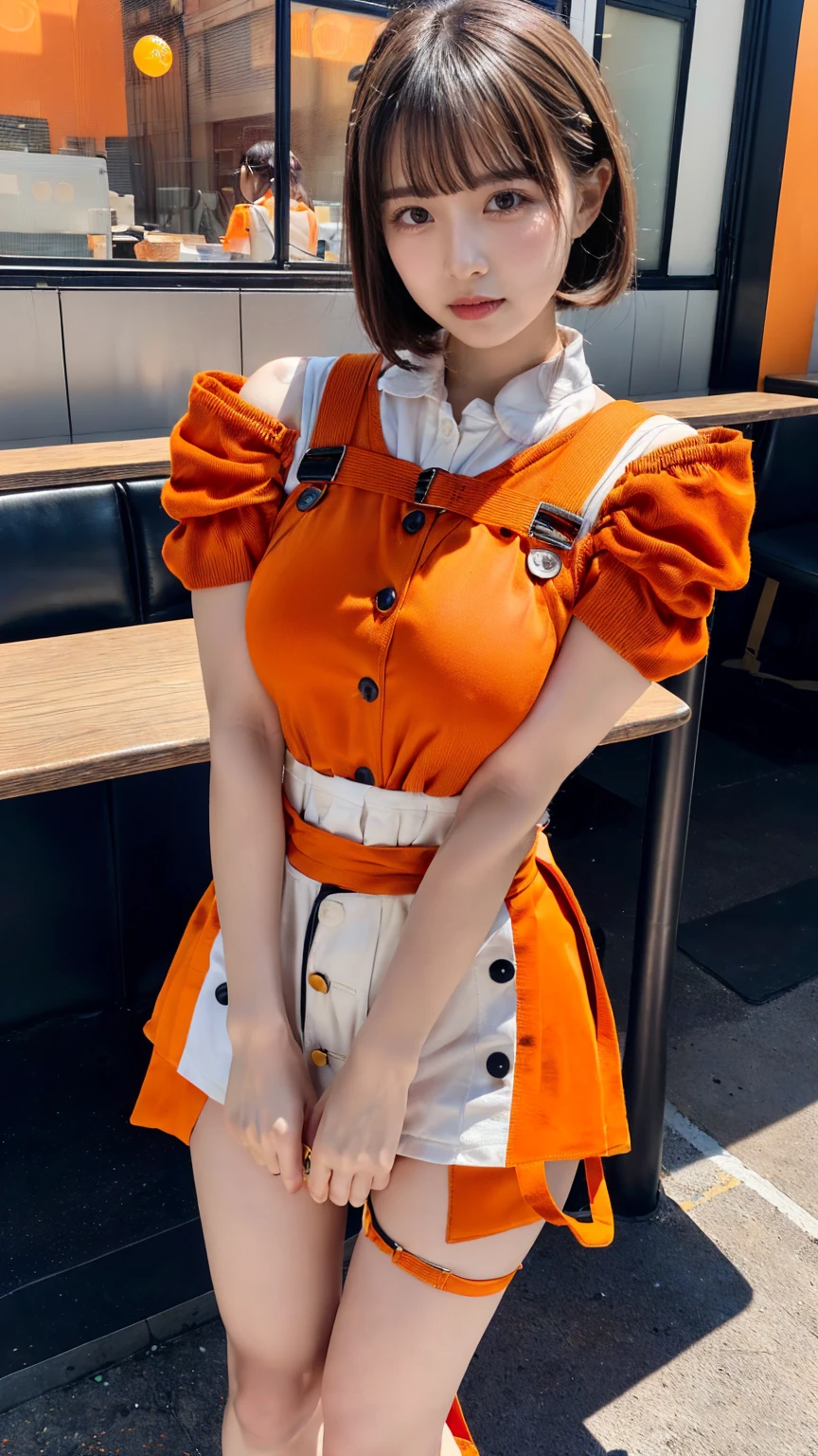(8K, RAW Photos, Highest quality, masterpiece:1.2), (professional photography, full colors, studio-caliber color grading), (Gravure quality for high-end fashion magazines), BREAK,18 year old girl, short bob hair, crying a little, Harajuku style, Big Natural Color Lip, (Plumpy body:1.2 (smooth skin:1.1 (huge breasts:1.0 BREAK ((orange, tangerine) and white theme:1.4 (family restaurant waitress uniform:1.2 (wearing an (orange high waist jumper skirt, orange layered waist apron with orange shoulder straps) over a (white blouse with white buttons):1.4 (emphasize under boobs:1.5 (fusion of bouffant sleeve and short sleeve:1.3 (button up:1.2 (wearing a orange shoulder straps over a white blouse:1.2 ((bare arms, bare legs):1 (pumps:1.1