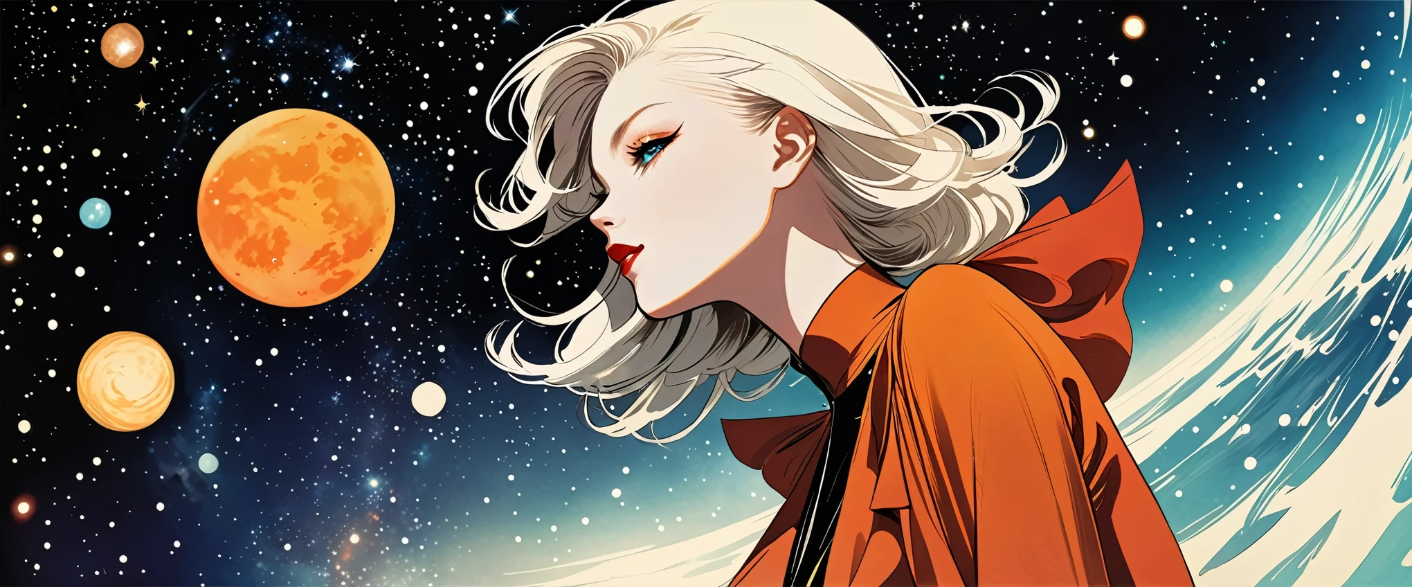 in style of Lillian Bassman,(in style of by Liu Ye:0.5),in style of Raymond Pettibon, character concept design,half body,Fantasy art,galaxies,