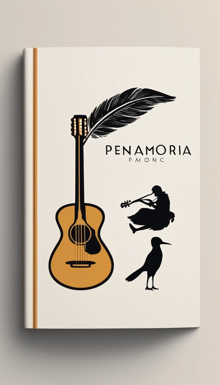 A minimal, modern, simple, cinematic logotype for the brand “Penamemoria". The logotype must be a simple, magical feather and a boy playing acoustic guitar. The logo must convey a sense of music, stories and dreams. Logo design impressed on a book cover. Minimalistic logo