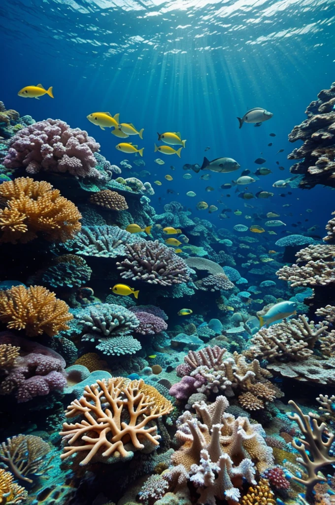 A colorful underwater scene with coral reefs and diverse marine life.