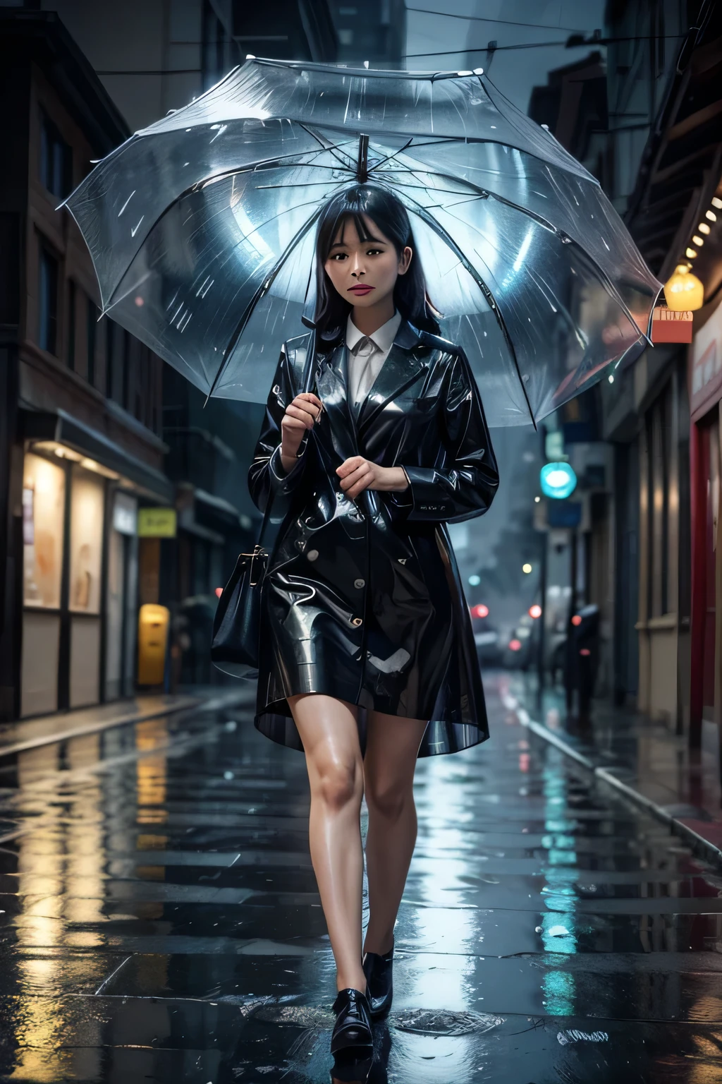beautiful woman walking on the rain with an umbrella that has realistic jellifish shape, epic