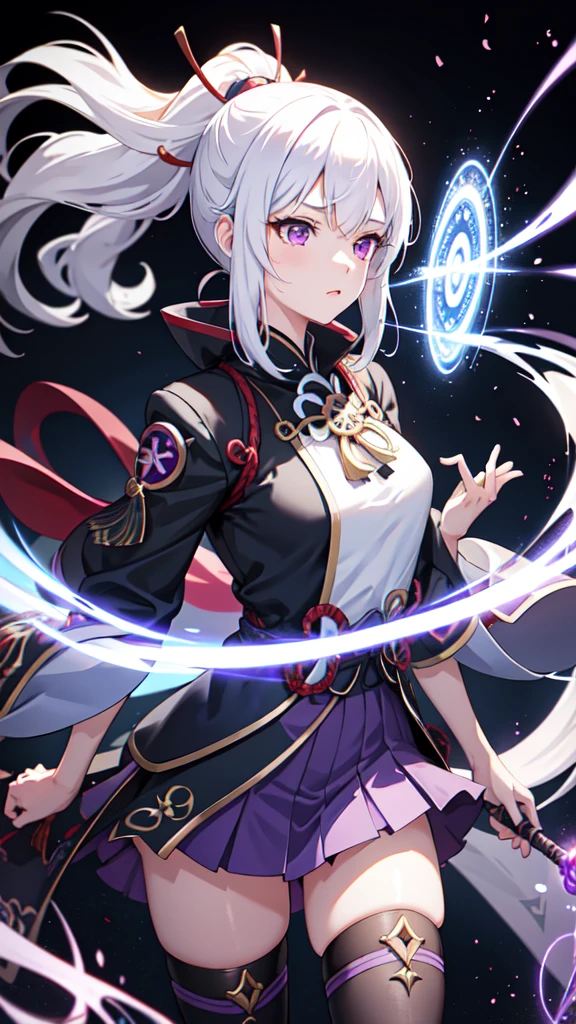 1girl, japanese clothes, ponytail ,white hair, purple eyes, magic circle, blue fire, blue flames, wallpaper, landscape, blood, blood splatter, depth of field, night, light particles, light rays, sidelighting, thighs, fate \(series\), genshin impact, ****, open jacket, skirt, thighhighs, cloud