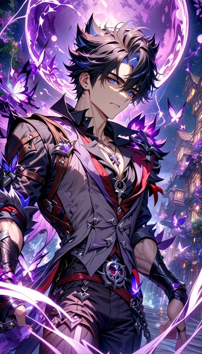 absurdres, highres, ultra detailed, HDR, master piece, best quality, Wriothesley, black hair, expressive gray blue eyes, Genshin Impact, solo, sexy man, handsome, gray vest, black shirt, red necktie, toned chest, fantasy, magical, sparkling, shining, purple lightning, floating round lights, starry sky, void, purple butterflies, purple moon