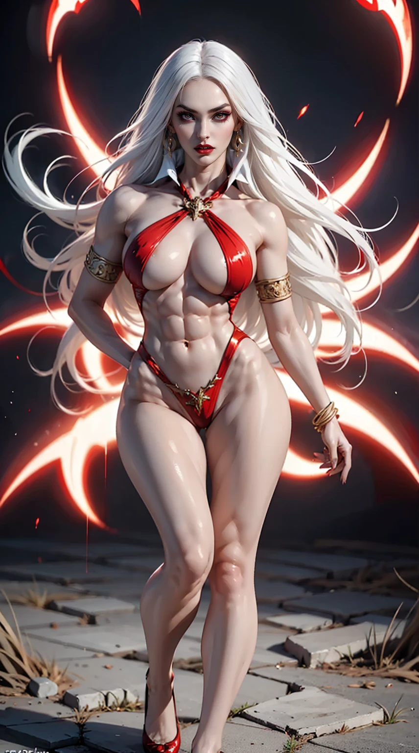 (megan fox:1.25), (muscular:1.5), (full body view:1.25), (pale skin, white hair, red eyes:1.46), (vampirella outfit:1.1),(very muscular bodybuilder girl:1.25), (huge upper body:1.25), (narrow hips:1.0), long hair, (huge muscular arms:1.5,), (10-pack abs:1.4), (large breasts:1.25), (horror:1.0), (esoteric:1.1), (solo:1.4), (dynamic angle:1.0), (cowboy shot:1.0), thin legs, Realistic, Very detailed face and eyes, (masterpiece:1.1), (best quality:1.1), (ornate:1.1), (beautiful girl face:1.25)