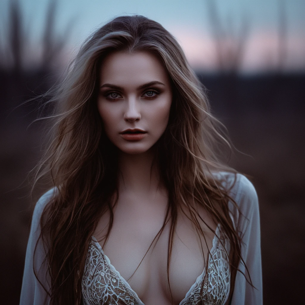RAW photo, photorealistic, film grain, pale skin, evil slavic woman, long dark blond hair, eye catchlights, atmospheric lighting, imperfections, natural, epiCRealism, art by mooncryptowow .A mesmerizing mystic-style photo of a oneiromancer standing amidst the fading twilight, The background features soft earthy tones, with a hint of dusk's fading light. The graphic novel style showcases flat outlines and bold ink lines, creating a captivating and dreamlike atmosphere., boudoir erotic... stylish. photoshoot. hyper-detailed hypermaximalist dynamic style. Erotic photography. Boudoir. Glamour style.... great lighting
