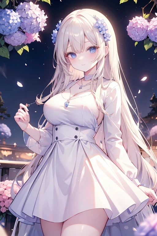4K, June view, Beautiful woman, long white hair, Brown hair, ideal breasts, eBlue eyes, white shirt, hot skirt, neon red heart necklace, looking at the audience, night, colorful hydrangeas,smiled mischievously